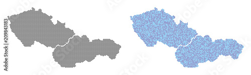 Pixelated Czechoslovakia map version. Vector territory schemes in black color and cold blue color tones. Abstract collage of Czechoslovakia map constructed from spheric dot matrix. photo
