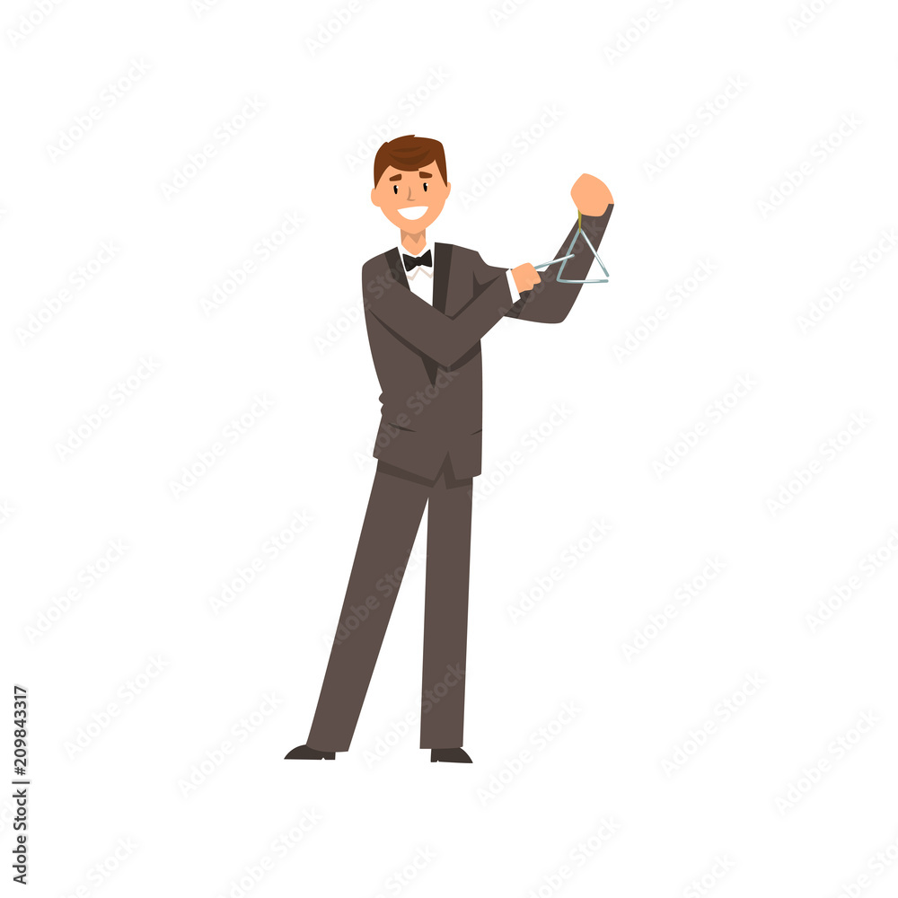 Male musician playing triangle musical instrument vector Illustration on a white background Male musician playing triangle musical instrument vector Illustration on a white background