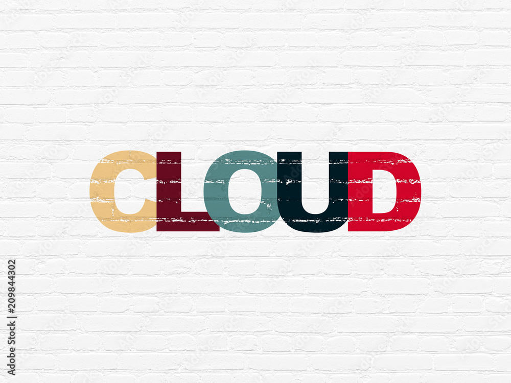 Obraz premium Cloud computing concept: Painted multicolor text Cloud on White Brick wall background