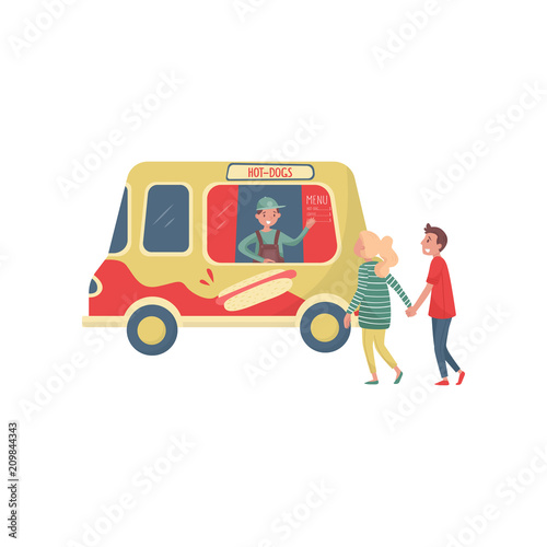 Young couple near hot-dog truck. Cheerful seller waving by hand. Van with traditional street fast food. Flat vector design