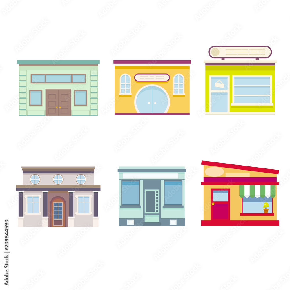 Set of multi-colored building facades on a white background Set of multi-colored building facades on a white background