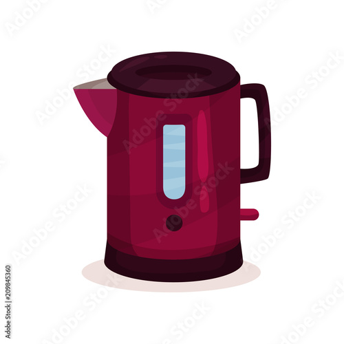Metal tea kettle with small spout and handle. Home appliance. Flat vector element for advertising banner or flyer of household store