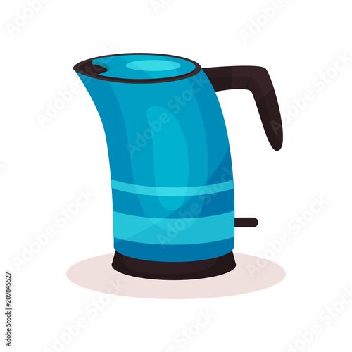 Bright blue steel kettle with black plastic handle. Modern kitchen appliance. Electric teakettle. Household item. Flat vector icon