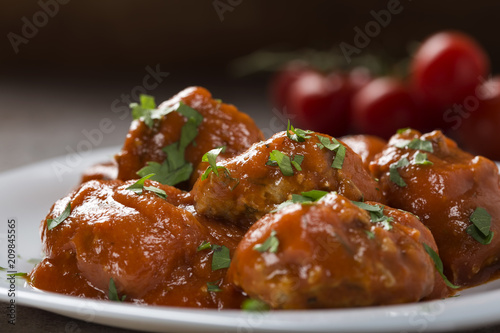 Meatballs with tomato sauce and fresh chopped parsley on plate