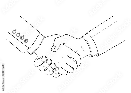 Handshake men. Black and white outline drawing. Vector illustration. Business concept.