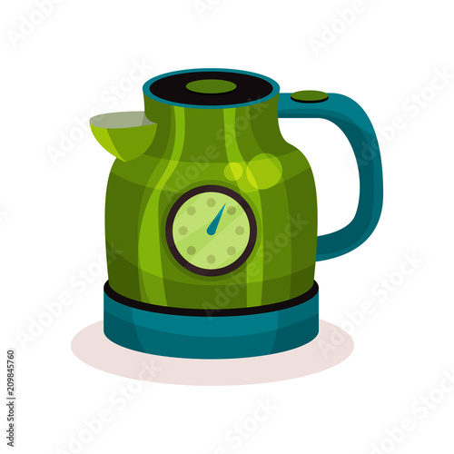 Shiny green electric kettle with thermometer. Modern home appliance. Flat vector lement for advertising flyer of household store