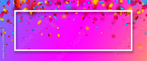 Pink festive banner with colorful confetti.