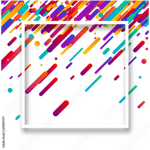 Background with white frame and colorful geometric pattern.