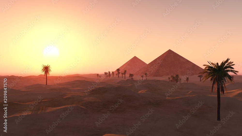 pyramids in the sandy desert, a desert with palm trees and pyramids,
3D rendering
