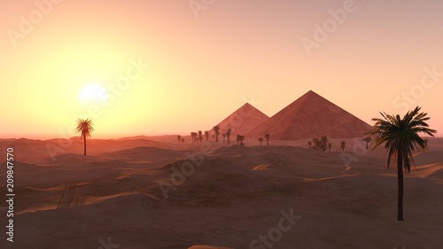 pyramids in the sandy desert  a desert with palm trees and pyramids   3D rendering  