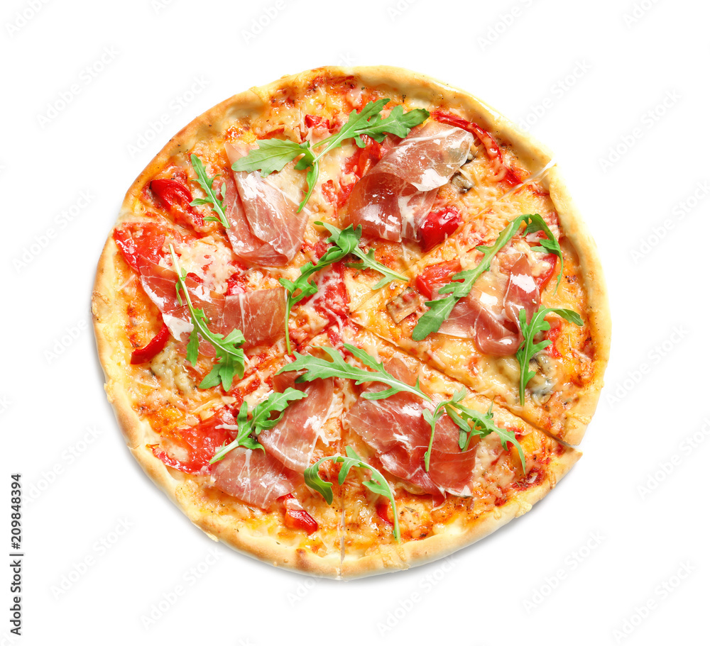 Tasty hot pizza with meat on white background Tasty hot pizza with meat on white background