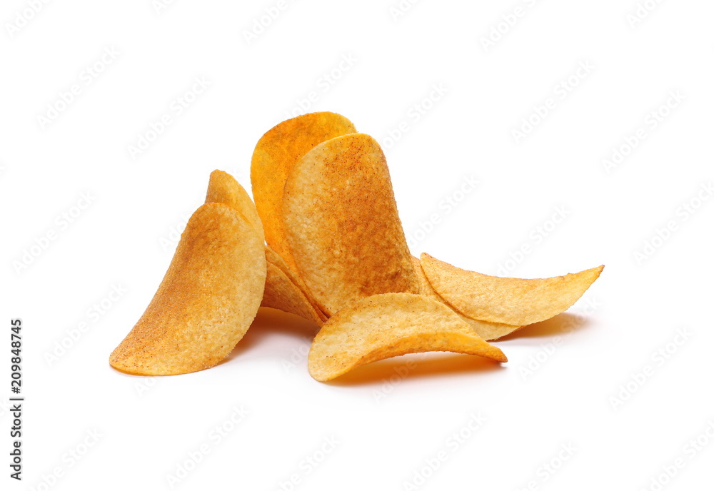 Barbecue flavored potato chips isolated on white background Barbecue flavored potato chips isolated on white background