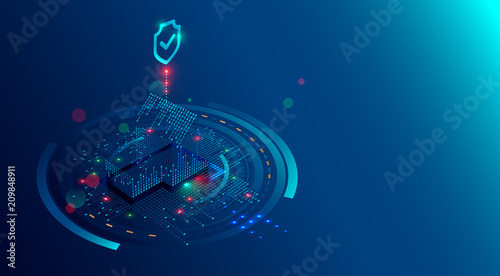 Smart Home Security System concept background. Protection software of IOT or internet of things. Cyber security of house devices. 3D isometric home of lights digits protected shield.