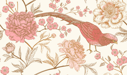 Papier peint photo Style vintage patrons Faisans exotiques et pivoines romantiques  © marinavorona