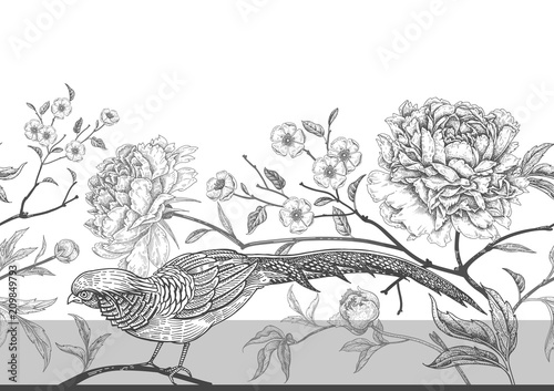 Seamless pattern with exotic bird pheasants and peony flowers.