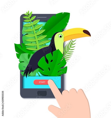 Tropical paradise paper background with leaves and exotic birds in mobile phone and hand. Toucan look out over the thickets of the jungle from screen. Vector card illustration in paper art style
