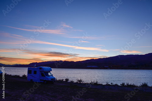 Cromwell , NEW ZEALAND - May 3, 2016: Lowburn Harbour  camping site in sunrise time