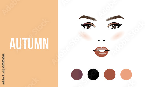 Face makeup autumn type of female appearance. Face of young woman. Seasonal color analysis palette. Seasonal color type for women skin beauty card. Stock vector illustration