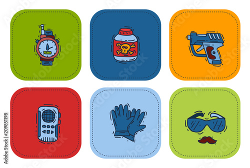 Spy icons vector cartoon detective set mafia agent binoculars or spyglass for spying or secret investigation illustration isolated on white background