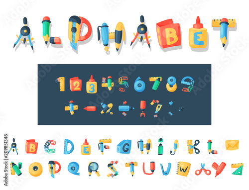 Alphabet stationery letters vector abc font alphabetic icons of office supply and school tools accessories for education pencil or pen alphabetically isolated on background illustration