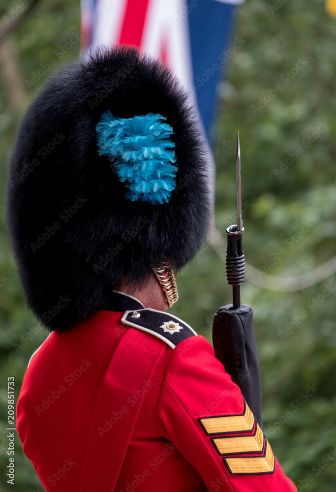 London UK. Royal Guard soldier in red and black uniform with bearskin hat  stands to attention in The Mall during the annual Trooping the Colour  military parade. Stock Photo | Adobe Stock