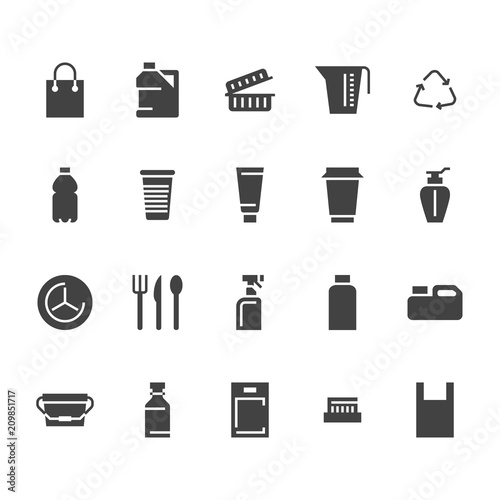 Plastic packaging, disposable tableware flat glyph icons. Product packs, container, bottle, canister, plates cutlery. Container signs, waste recycling. Solid silhouette pixel perfect 48x48.
