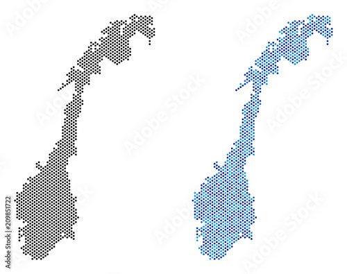 Pixelated Norway map version. Vector territory plans in black color and blue color hues. Abstract concept of Norway map constructed with sphere dot pattern.