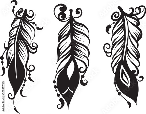 Set of three drawing of feathers