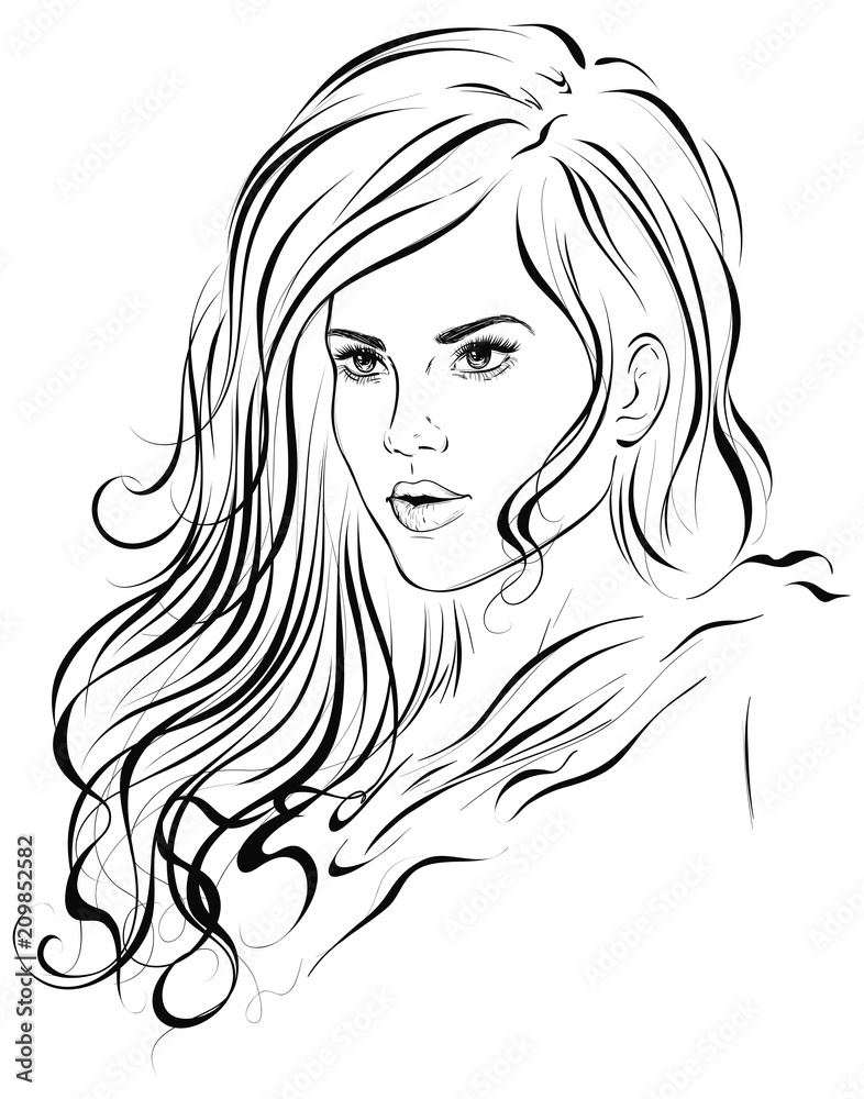 Original graphic portrait of a young beautiful girl with long wavy hair ...