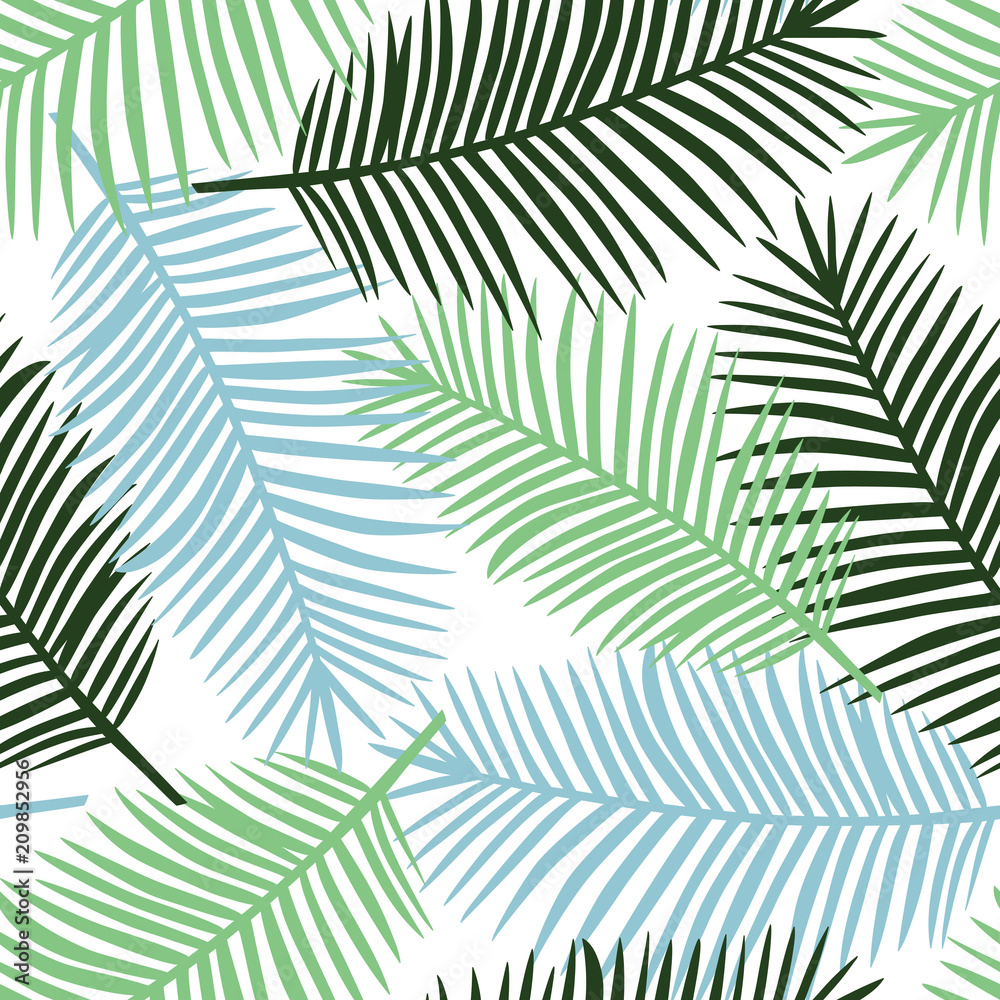Naklejka premium light green gark green and blue palm leaves on a white background exotic tropical hawaii pastel summer seamless pattern vector