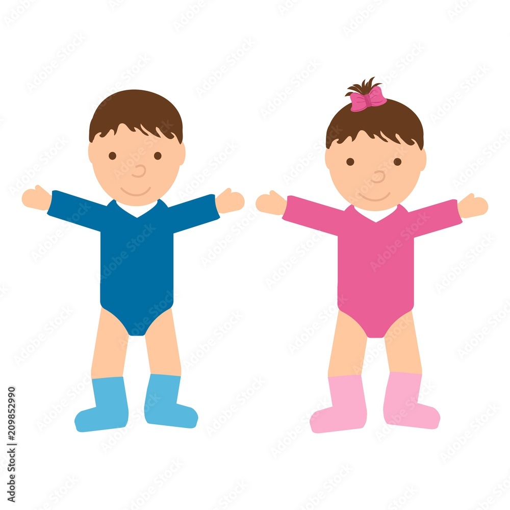 Cute baby boy and baby girl isolated on white background. Children in flat style. Vector illustration Cute baby boy and baby girl isolated on white background. Children in flat style. Vector illustration