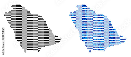 Pixel Saudi Arabia map version. Vector territory plans in black color and cold blue color variations. Abstract collage of Saudi Arabia map constructed from sphere dot array.