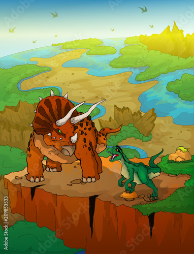 Triceratops and raptor with landscape background. Vector illustration. photo