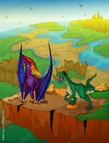 Pteranodon and raptor with landscape background. Vector illustration.