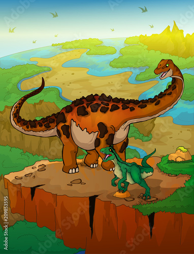 Diplodocus and raptor with landscape background. Vector illustration.