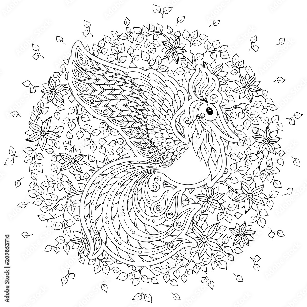 Fototapeta premium Firebird for anti stress Coloring Page with high details.