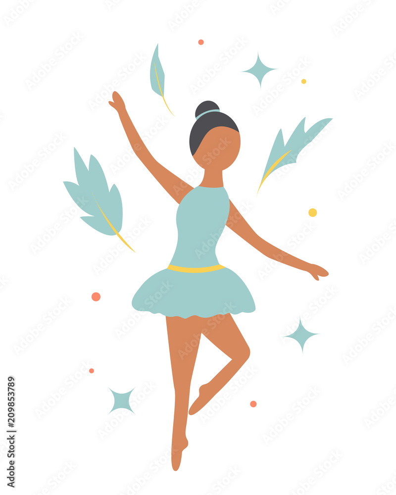 Summer poster. Dancing girl and tropical leaves