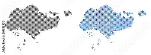 Circle dot Singapore map variants. Vector territory schemes in black color and cold blue color tints. Abstract concept of Singapore map done from small circle point pattern.