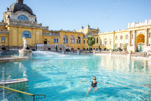 Woman relaxing at the famous Szechenyi thermal bathes in Budapest, Hungary