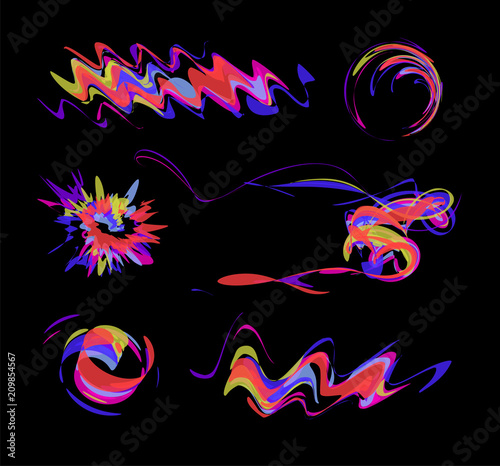 Abstract Brush Paint, Colorful Dynamic Design. Dynamic waves art, modern flow effect. Vector illustrations set on Black Background.