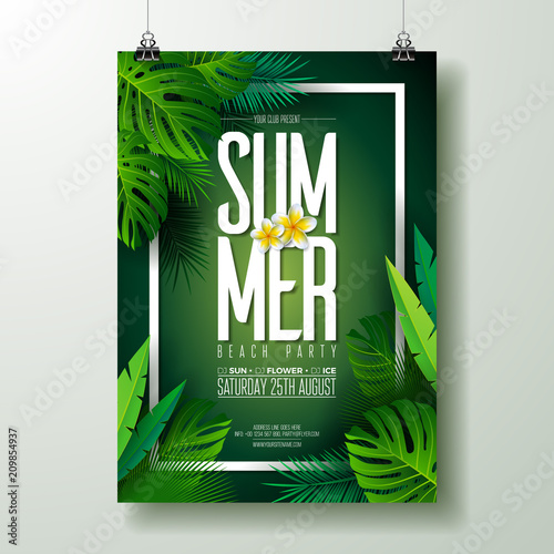 Vector Summer Beach Party Flyer Design with typographic elements on exotic leaf background. Summer nature floral elements, tropical plants, flower. Design template for banner, flyer, invitation