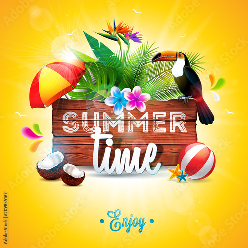 Vector Summer Time Holiday typographic illustration with toucan bird on vintage wood background. Tropical plants, flower, beach ball, coconut and sunshade with blue sky. Design template for banner