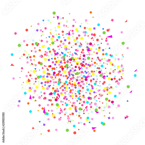 Explosion. Texture with random geometric elements on white. Geometric background with confetti. Pattern for design. Pretty colors. Print for polygraphy, posters, t-shirts and textiles. Greeting cards