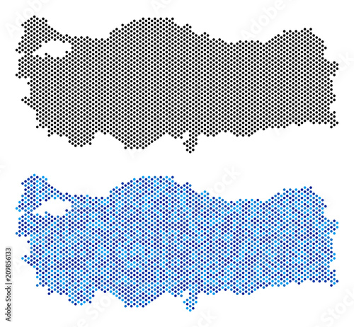 Pixelated Turkey map variants. Vector territory plans in black color and cold blue color hues. Abstract composition of Turkey map composed from round item array.