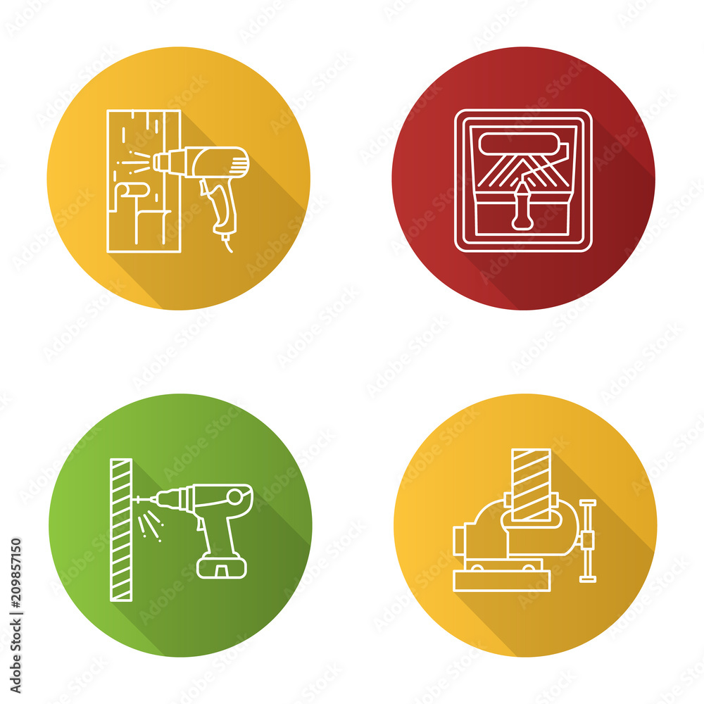 Construction tools flat linear long shadow icons set Construction tools flat linear long shadow icons set