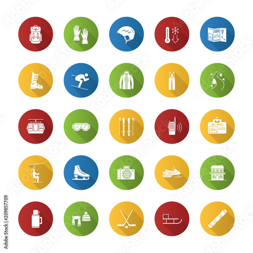 Winter activities flat design long shadow glyph icons set