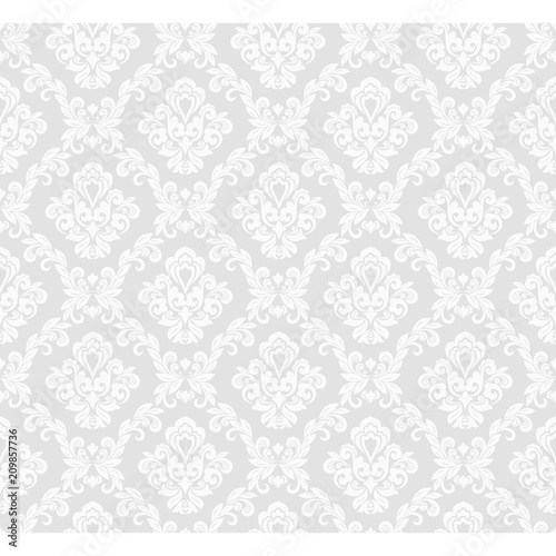 Seamless grey background with white pattern in baroque style. Vector retro illustration. Ideal for printing on fabric or paper for wallpapers, textile, wrapping.