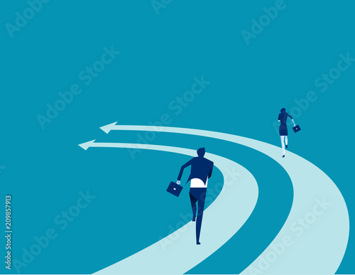 Business people run on the arrows. Concept business competition vector illustration. Flat business cartoon, Speed, Togetherness, Office Team, Back view.