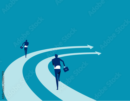 Business people run on the arrows. Concept business competition vector illustration. Flat business cartoon, Speed, Togetherness, Office Team, Back view.