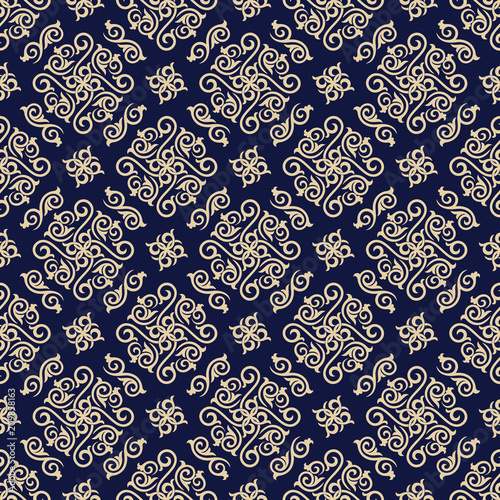 Seamless blue background with beige pattern in baroque style. Vector retro illustration. Ideal for printing on fabric or paper.